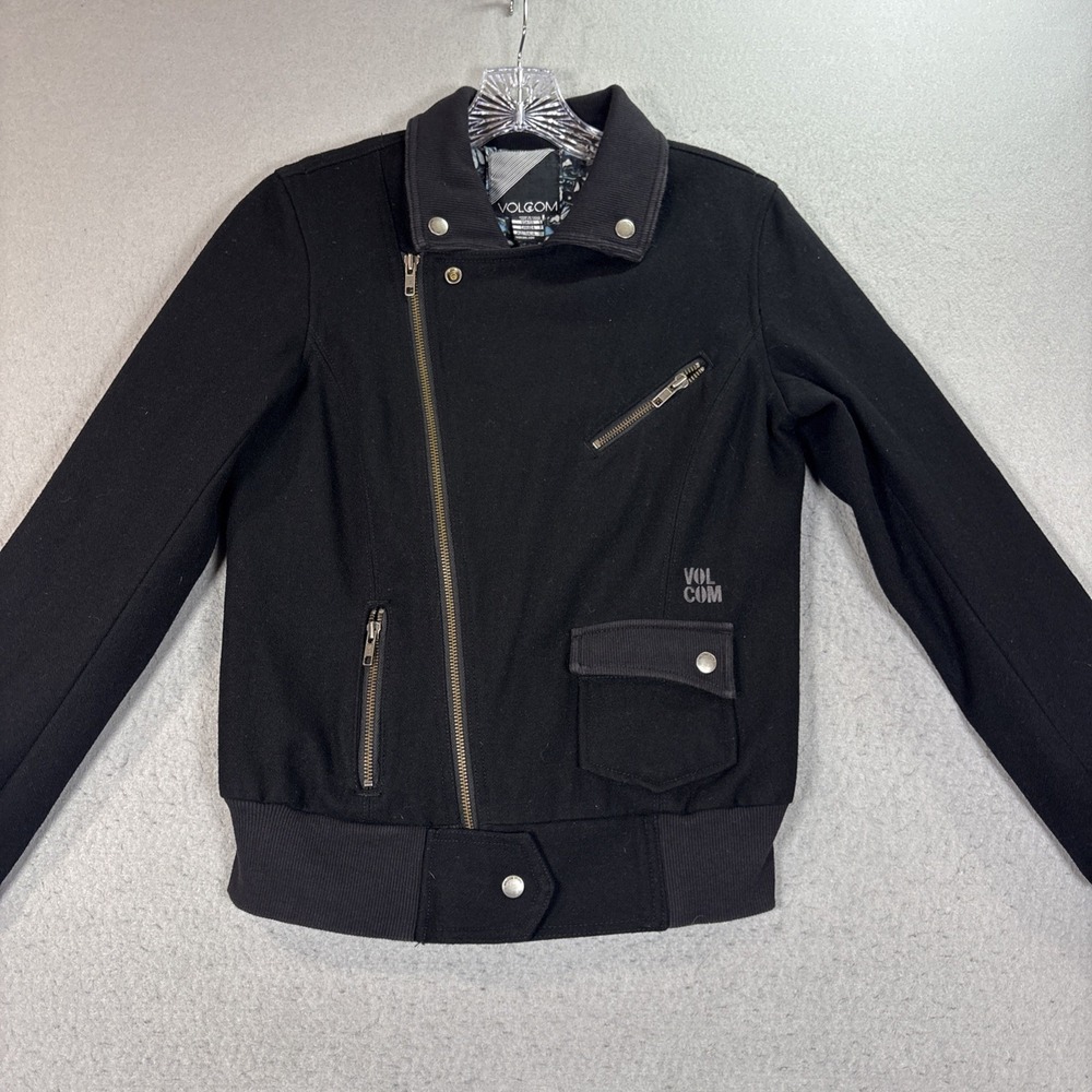 Volcom Black Wool Blend Bomber Jacket Women's Small Full Zip Lined